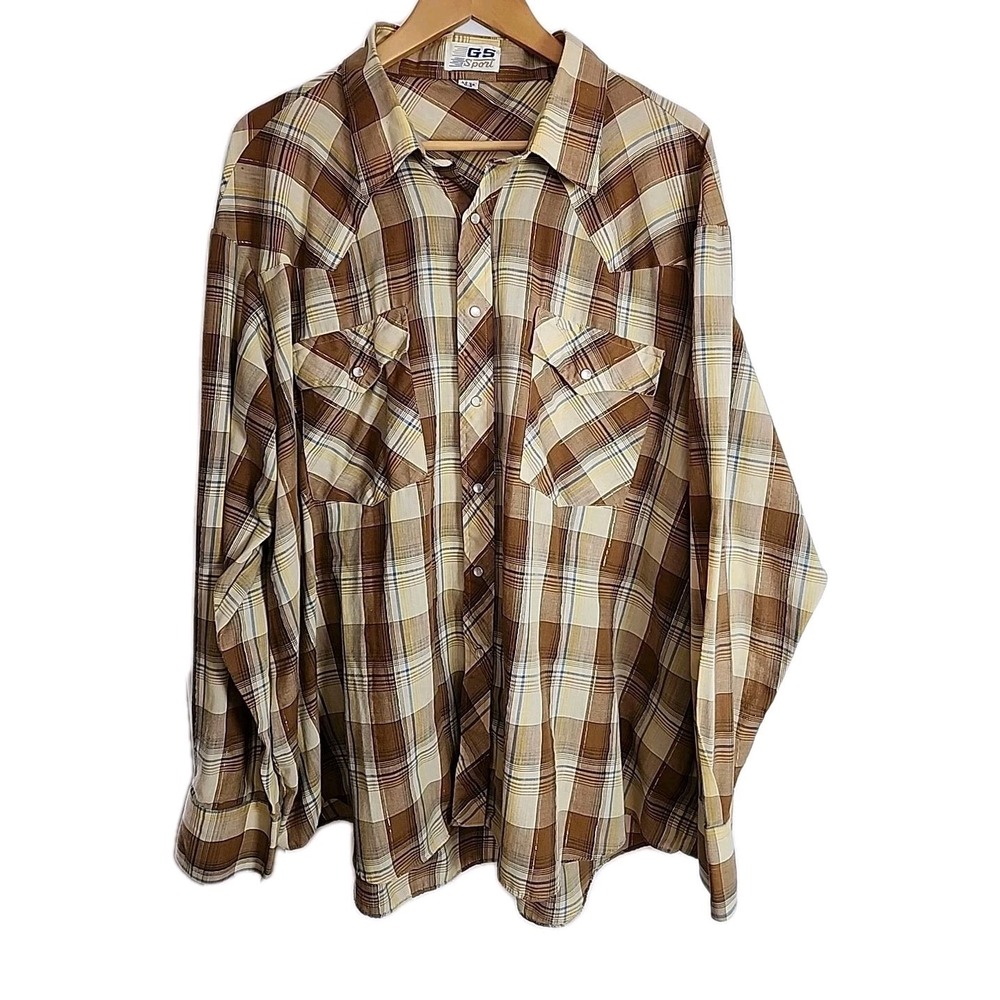 Vintage GS Sport Men's 3XL Western Pearl Snap Brown/Gold Plaid Long Sleeve EUC